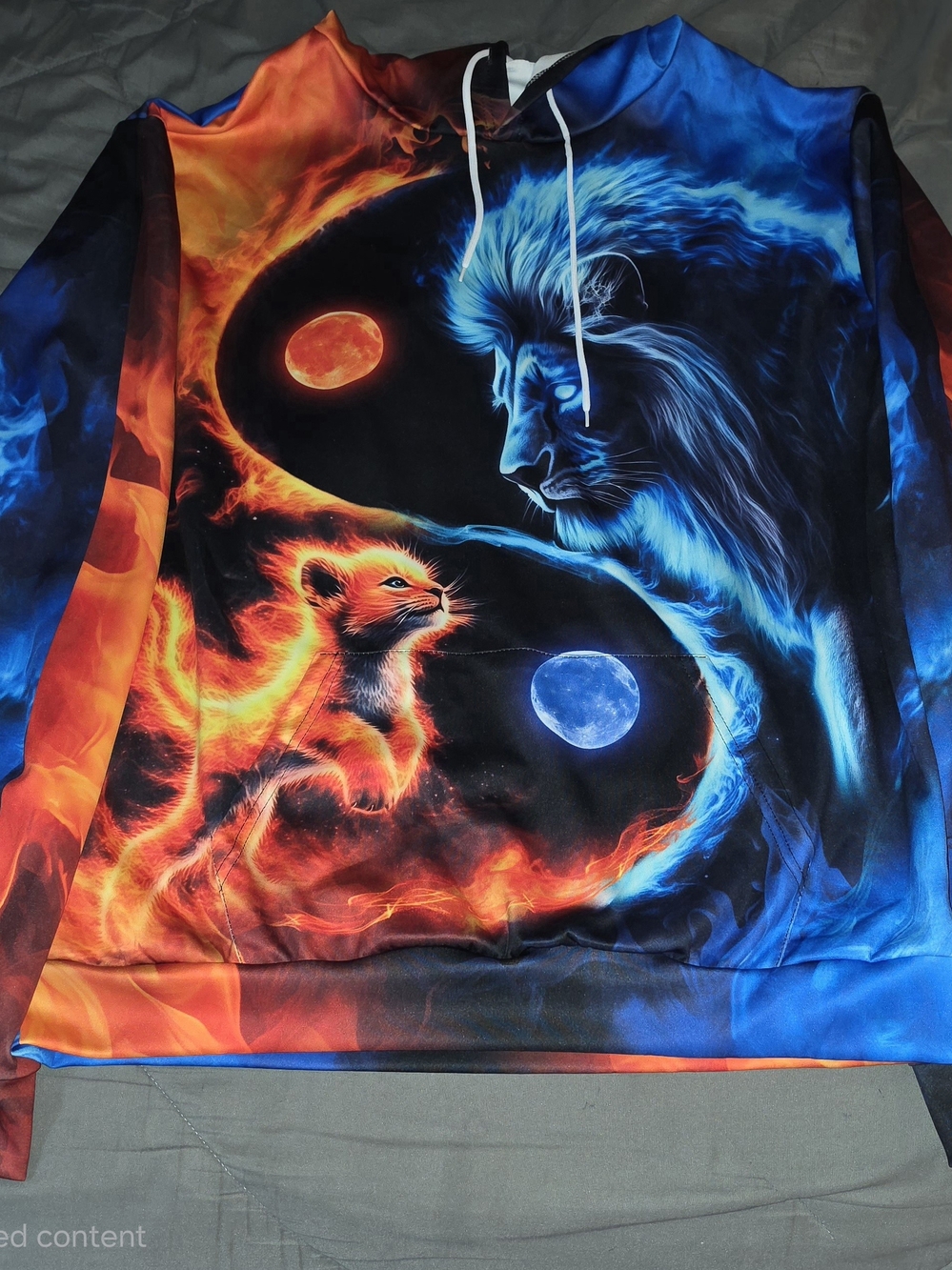 Fire and Ice Yin Yang Lion & Cub Hoodie - Bold Blue & Orange Graphic - Picture 4 of 5